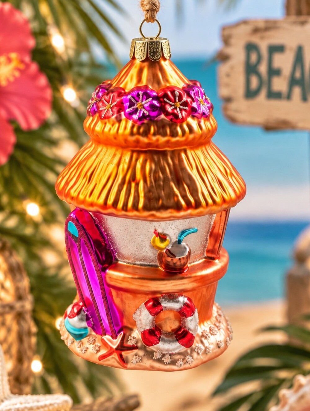 Tropical Tiki Beach Hut Glass Christmas Ornament Surfboard Coastal 5"